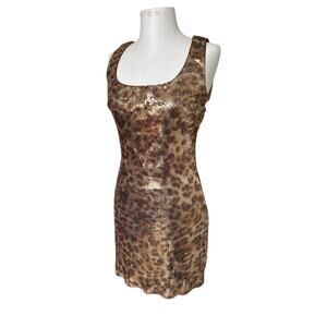 Cache Women's 8 Metallic Gold Sequin Cheetah Leopard Open Back Mini Sheath Dress
